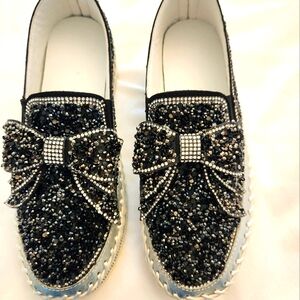 Black and Silver Embellished Slip-On Shoes